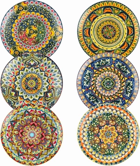 Henten Home Ceramic Dinner Plates Set of 6, 10.5 Inch Porcelain Pasta Plates Set, Colorful Bohemian Style Serving Dishes for Salad, Steak, Decorative, Microwave & Dishwasher Safe