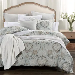 HiEnd Accents Dalia 3 Piece Linen Comforter Set, King Size, Light Blue Floral Bedding Set, Flower Botanical Print, Classic Chic Casual Coastal Bed Set, Victorian Style Comforter with Pillow Shams