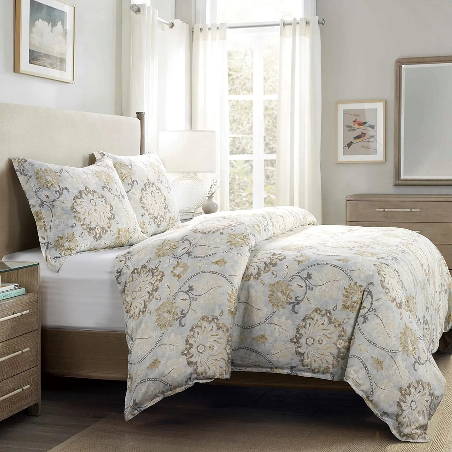 HiEnd Accents Dalia 3 Piece Linen Comforter Set, King Size, Light Blue Floral Bedding Set, Flower Botanical Print, Classic Chic Casual Coastal Bed Set, Victorian Style Comforter with Pillow Shams