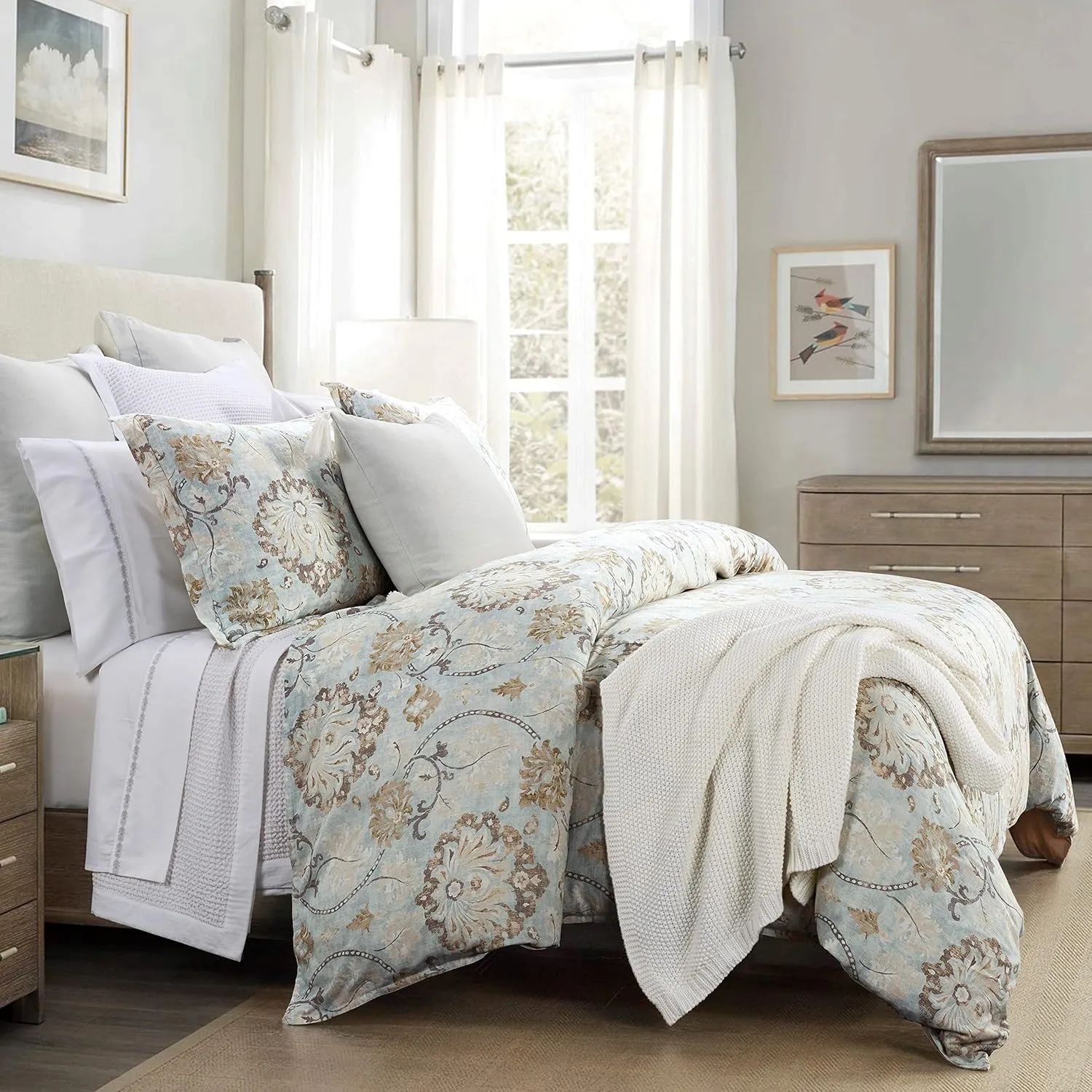 HiEnd Accents Dalia 3 Piece Linen Comforter Set, King Size, Light Blue Floral Bedding Set, Flower Botanical Print, Classic Chic Casual Coastal Bed Set, Victorian Style Comforter with Pillow Shams