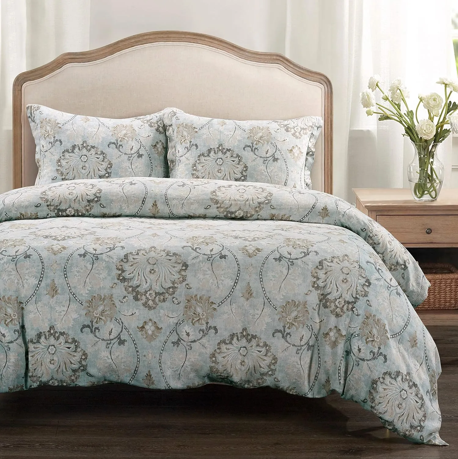 HiEnd Accents Dalia 3 Piece Linen Comforter Set, King Size, Light Blue Floral Bedding Set, Flower Botanical Print, Classic Chic Casual Coastal Bed Set, Victorian Style Comforter with Pillow Shams