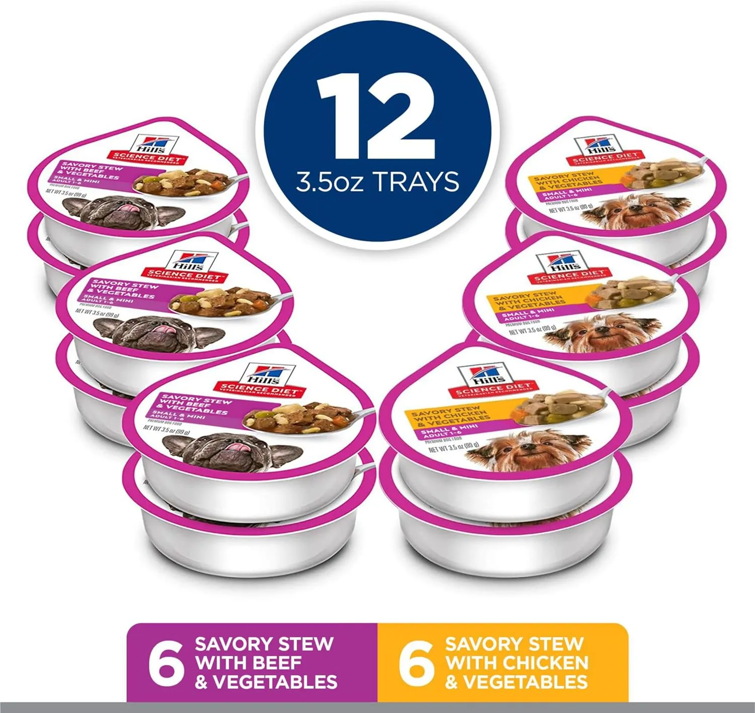 Hill's Science Diet Small & Mini, Adult 1-6, Small Breeds Premium Nutrition, Wet Dog Food, Variety Case: Chicken & Vegetables; Salmon & Vegetables Stew, 12 x 3.5 oz Tray