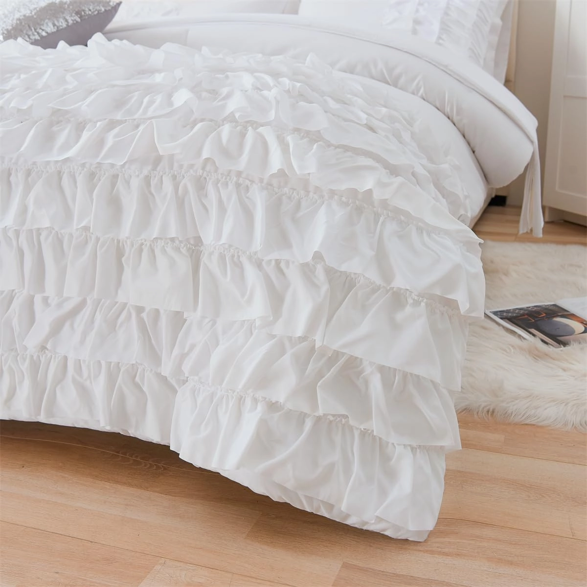 Holawakaka White Waterfall Ruffle Comforter Set Twin Size Multi-Layers Ruffled Shabby Chic 3PCS Bedding Set for Girls Women