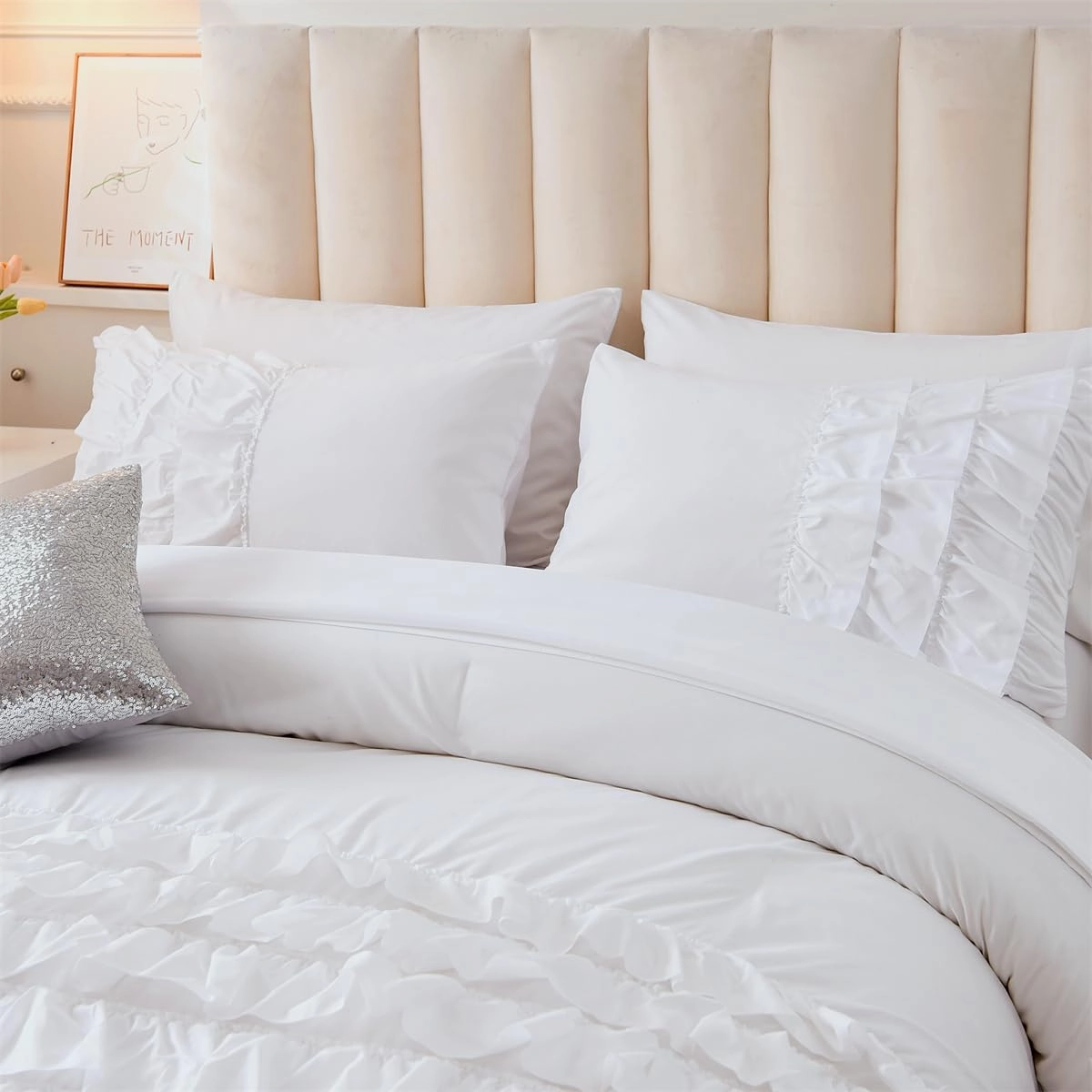Holawakaka White Waterfall Ruffle Comforter Set Twin Size Multi-Layers Ruffled Shabby Chic 3PCS Bedding Set for Girls Women