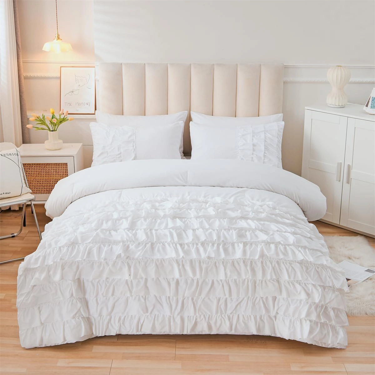 Holawakaka White Waterfall Ruffle Comforter Set Twin Size Multi-Layers Ruffled Shabby Chic 3PCS Bedding Set for Girls Women