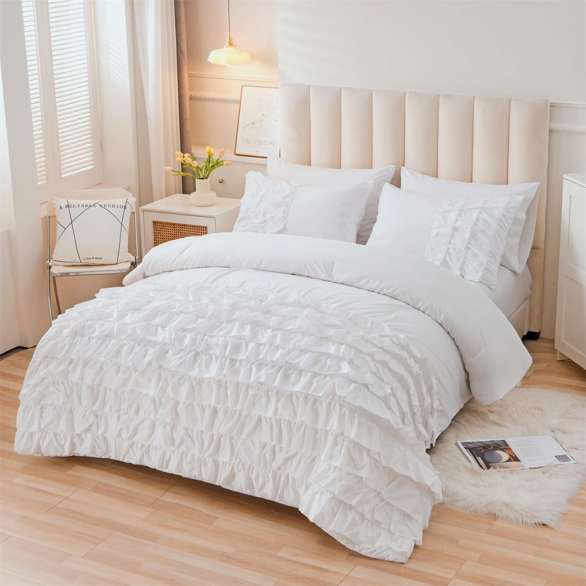Holawakaka White Waterfall Ruffle Comforter Set Twin Size Multi-Layers Ruffled Shabby Chic 3PCS Bedding Set for Girls Women
