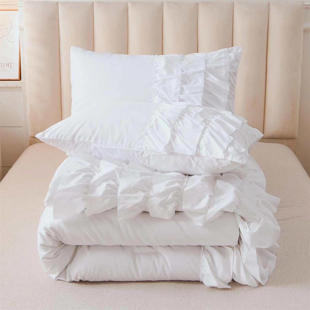 Holawakaka White Waterfall Ruffle Comforter Set Twin Size Multi-Layers Ruffled Shabby Chic 3PCS Bedding Set for Girls Women