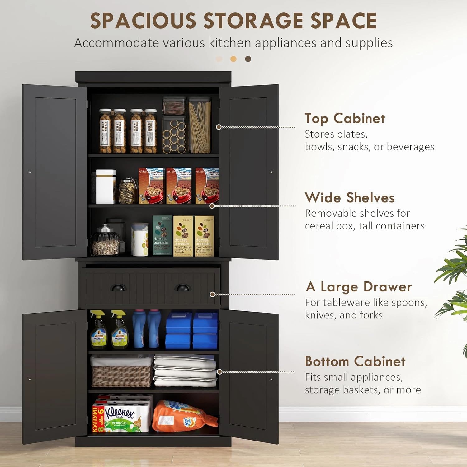 HOMCOM 72" Traditional Kitchen Pantry Cabinet, Freestanding Tall Storage Cabinet with 4 Doors, Drawer and 3 Adjustable Shelves for Dining Room, Black