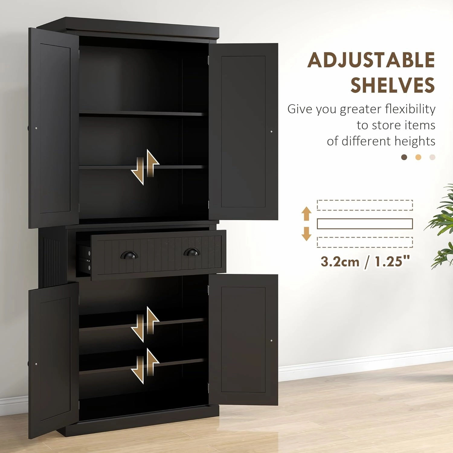 HOMCOM 72" Traditional Kitchen Pantry Cabinet, Freestanding Tall Storage Cabinet with 4 Doors, Drawer and 3 Adjustable Shelves for Dining Room, Black