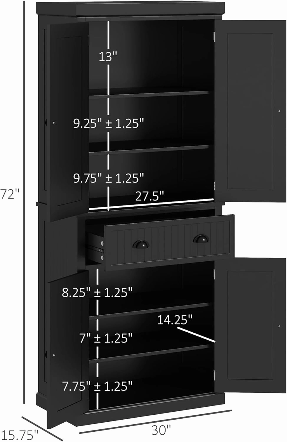 HOMCOM 72" Traditional Kitchen Pantry Cabinet, Freestanding Tall Storage Cabinet with 4 Doors, Drawer and 3 Adjustable Shelves for Dining Room, Black