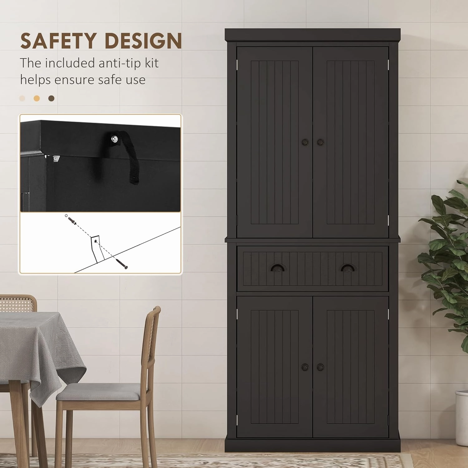 HOMCOM 72" Traditional Kitchen Pantry Cabinet, Freestanding Tall Storage Cabinet with 4 Doors, Drawer and 3 Adjustable Shelves for Dining Room, Black