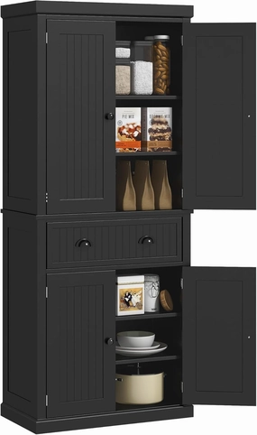 HOMCOM 72" Traditional Kitchen Pantry Cabinet, Freestanding Tall Storage Cabinet with 4 Doors, Drawer and 3 Adjustable Shelves for Dining Room, Black