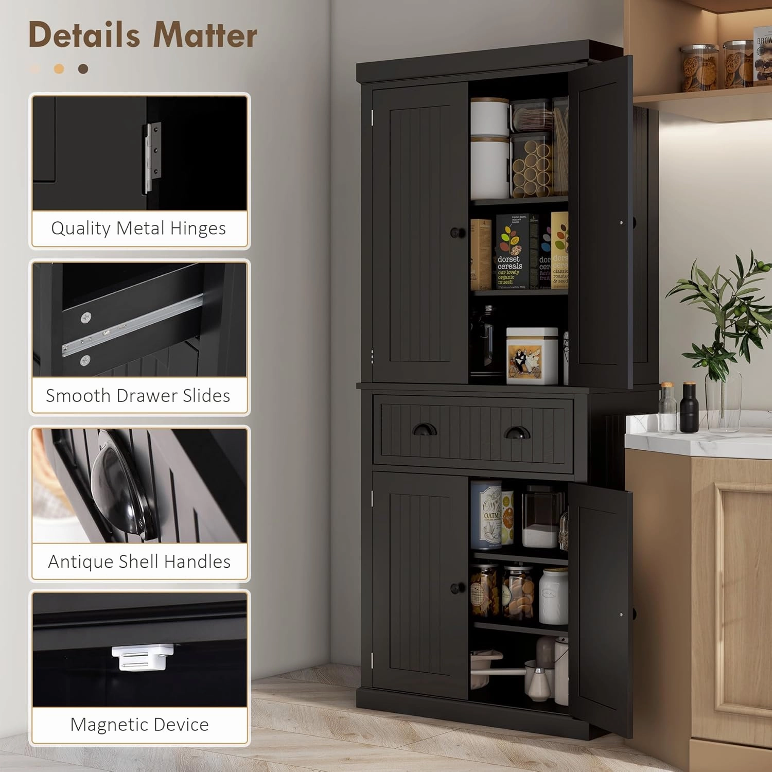 HOMCOM 72" Traditional Kitchen Pantry Cabinet, Freestanding Tall Storage Cabinet with 4 Doors, Drawer and 3 Adjustable Shelves for Dining Room, Black