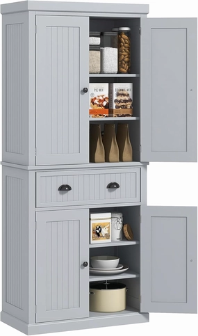 HOMCOM 72" Traditional Kitchen Pantry Cabinet, Freestanding Tall Storage Cabinet with 4 Doors, Drawer and 3 Adjustable Shelves for Dining Room, Gray