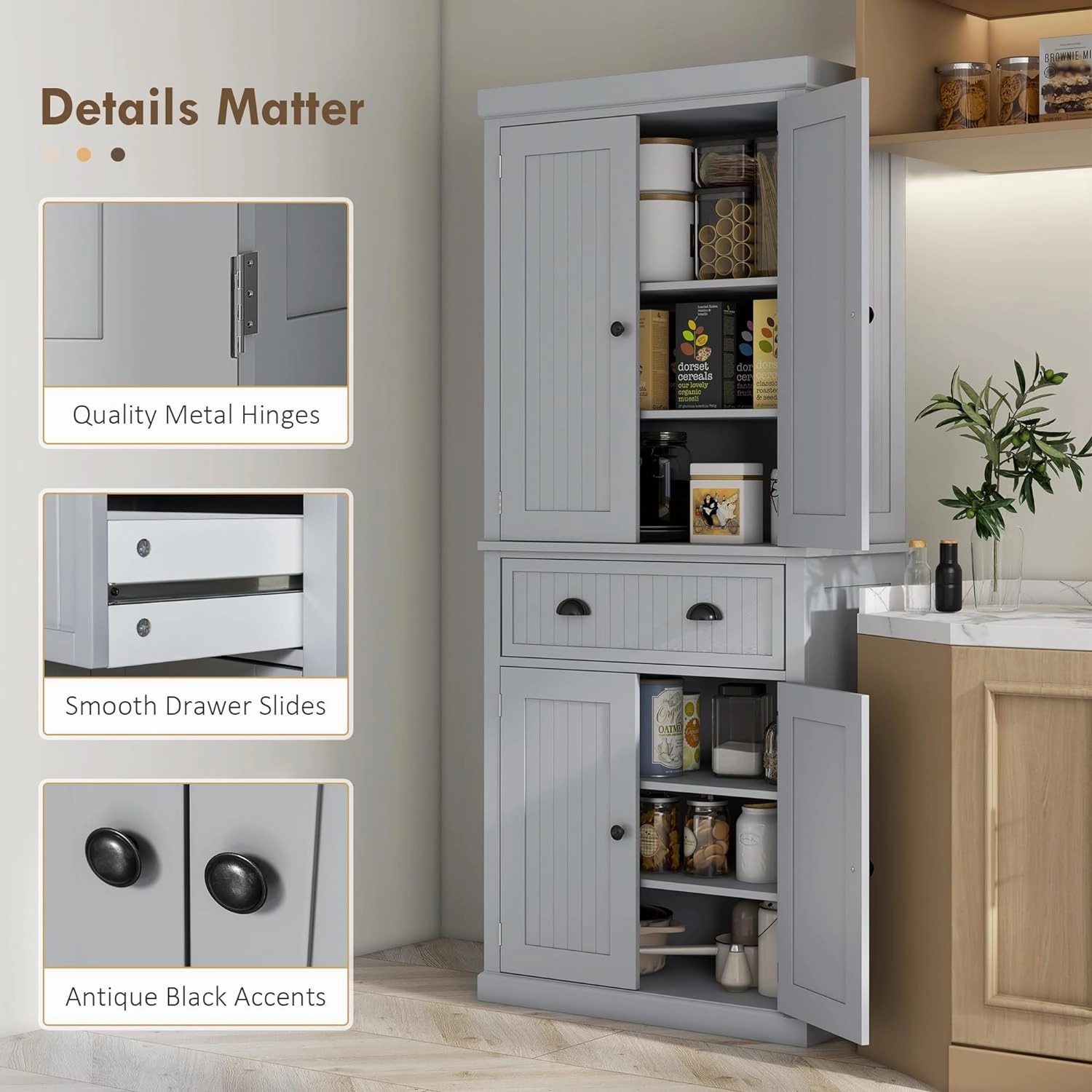 HOMCOM 72" Traditional Kitchen Pantry Cabinet, Freestanding Tall Storage Cabinet with 4 Doors, Drawer and 3 Adjustable Shelves for Dining Room, Gray