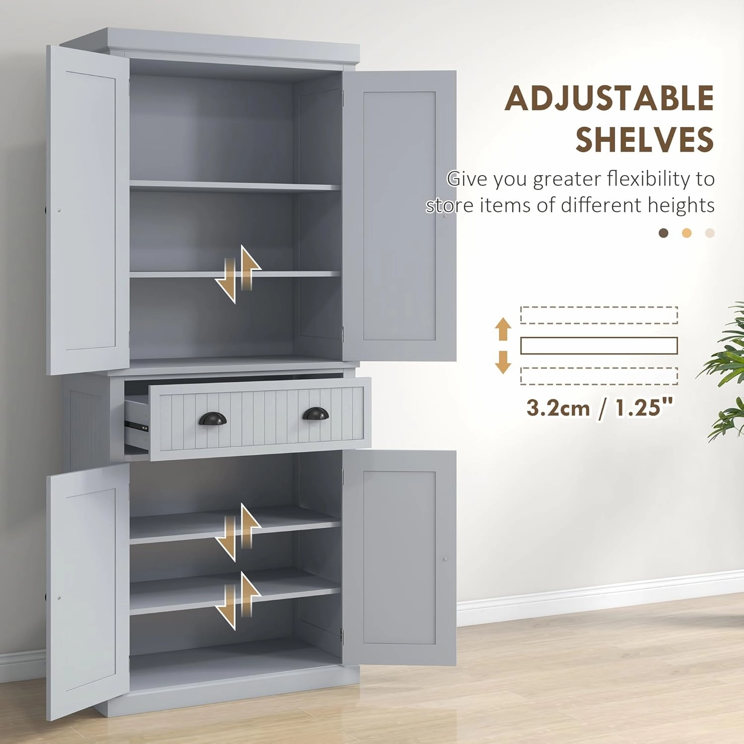 HOMCOM 72" Traditional Kitchen Pantry Cabinet, Freestanding Tall Storage Cabinet with 4 Doors, Drawer and 3 Adjustable Shelves for Dining Room, Gray