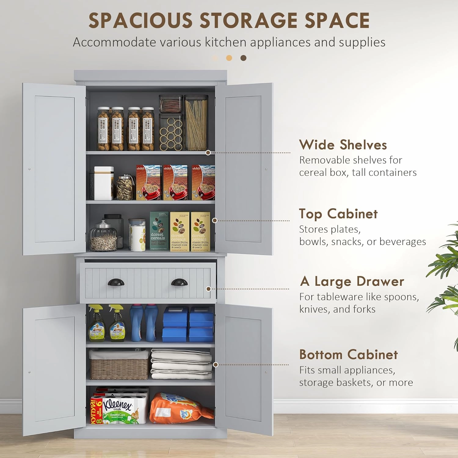 HOMCOM 72" Traditional Kitchen Pantry Cabinet, Freestanding Tall Storage Cabinet with 4 Doors, Drawer and 3 Adjustable Shelves for Dining Room, Gray