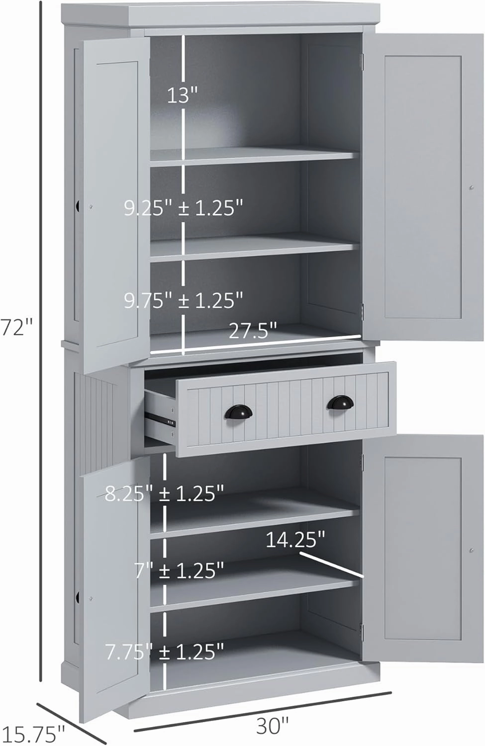 HOMCOM 72" Traditional Kitchen Pantry Cabinet, Freestanding Tall Storage Cabinet with 4 Doors, Drawer and 3 Adjustable Shelves for Dining Room, Gray