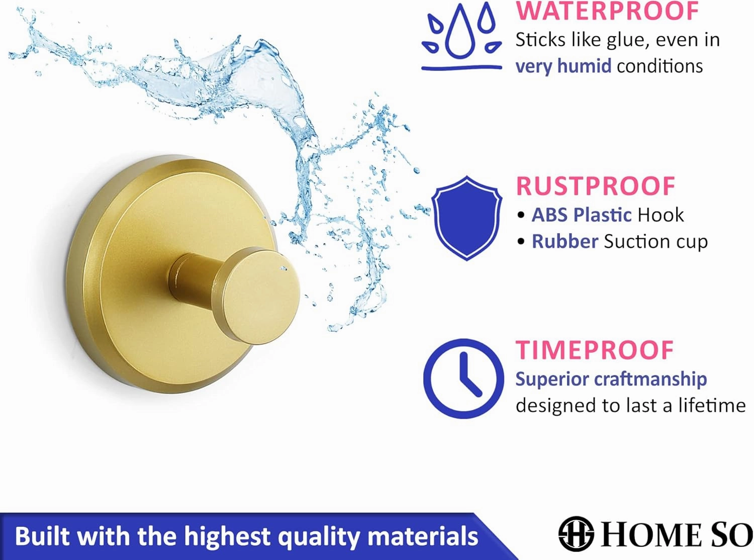 HOME SO Suction Cup Hooks for Shower, Bathroom, Kitchen, Glass Door, Mirror, Tile – Loofah, Towel, Coat, Bath Robe Hook Holder for Hanging up to 15 lbs – Waterproof, Matte Brushed Satin Gold (2-Pack)