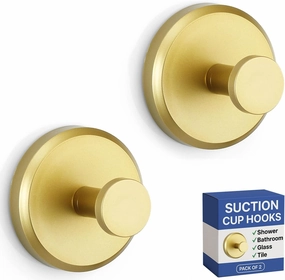 HOME SO Suction Cup Hooks for Shower, Bathroom, Kitchen, Glass Door, Mirror, Tile – Loofah, Towel, Coat, Bath Robe Hook Holder for Hanging up to 15 lbs – Waterproof, Matte Brushed Satin Gold (2-Pack)
