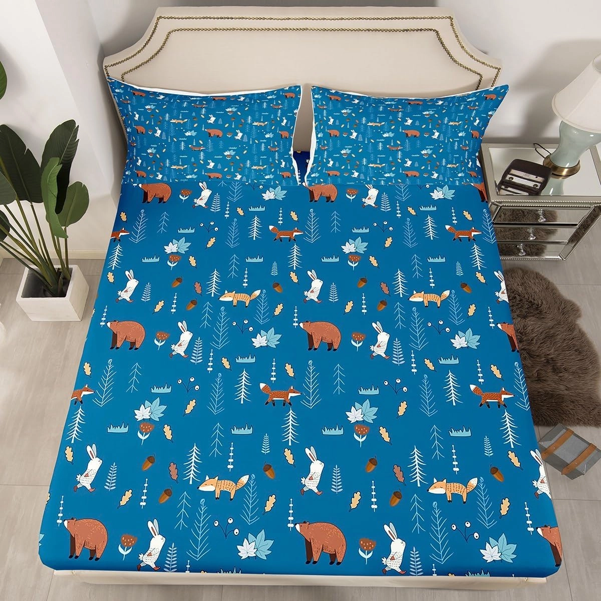 Homewish Bear Fitted Sheet Twin Size,Navy Cartoon Animals Bedding Set Kids Cute Fox Rabbit Bed Sheet 2Pcs for Girls Boys Bedroom Decor,Pine Tree Jungle Adventure Style Deep Pocket Sheet,1 Pillowcase