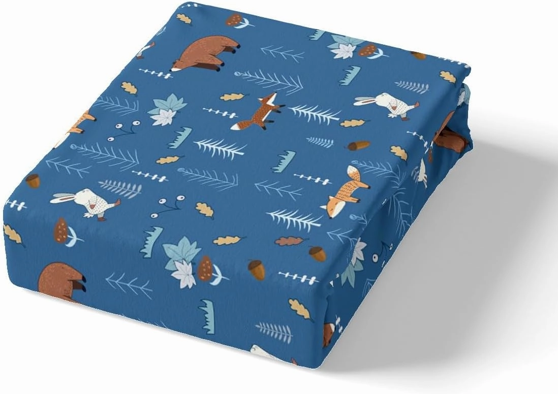 Homewish Bear Fitted Sheet Twin Size,Navy Cartoon Animals Bedding Set Kids Cute Fox Rabbit Bed Sheet 2Pcs for Girls Boys Bedroom Decor,Pine Tree Jungle Adventure Style Deep Pocket Sheet,1 Pillowcase