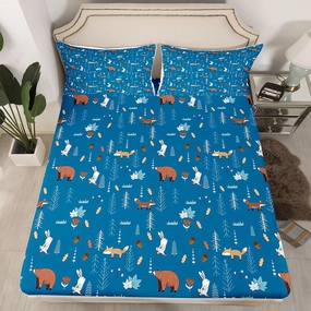 Homewish Bear Fitted Sheet Twin Size,Navy Cartoon Animals Bedding Set Kids Cute Fox Rabbit Bed Sheet 2Pcs for Girls Boys Bedroom Decor,Pine Tree Jungle Adventure Style Deep Pocket Sheet,1 Pillowcase