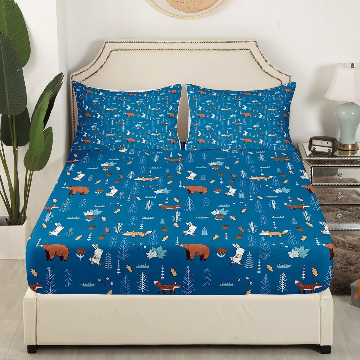 Homewish Bear Fitted Sheet Twin Size,Navy Cartoon Animals Bedding Set Kids Cute Fox Rabbit Bed Sheet 2Pcs for Girls Boys Bedroom Decor,Pine Tree Jungle Adventure Style Deep Pocket Sheet,1 Pillowcase