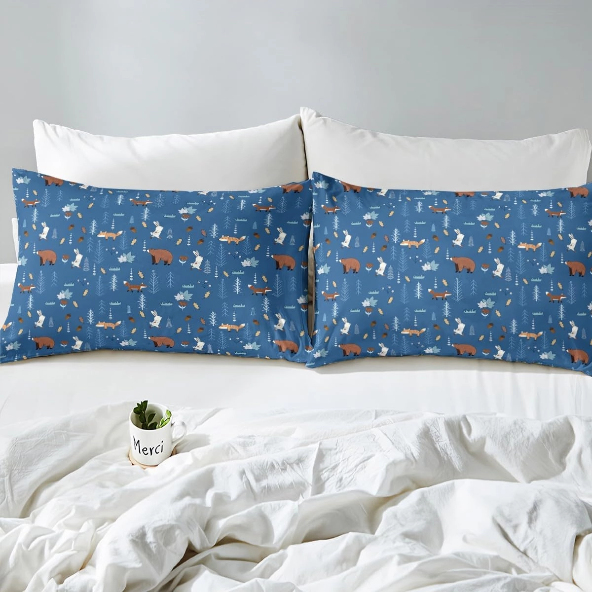 Homewish Bear Fitted Sheet Twin Size,Navy Cartoon Animals Bedding Set Kids Cute Fox Rabbit Bed Sheet 2Pcs for Girls Boys Bedroom Decor,Pine Tree Jungle Adventure Style Deep Pocket Sheet,1 Pillowcase