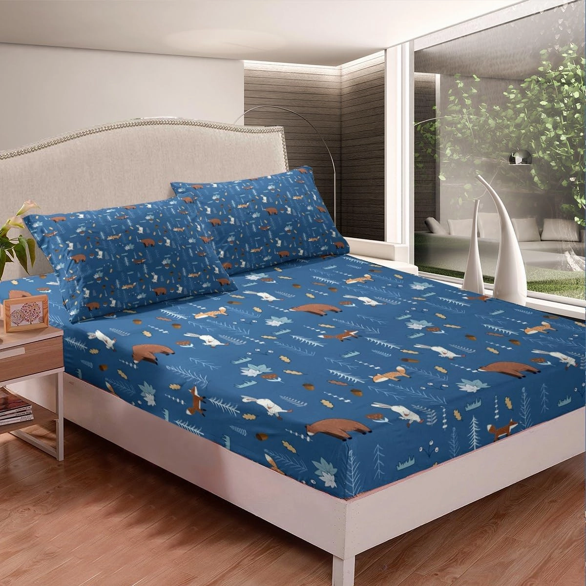 Homewish Bear Fitted Sheet Twin Size,Navy Cartoon Animals Bedding Set Kids Cute Fox Rabbit Bed Sheet 2Pcs for Girls Boys Bedroom Decor,Pine Tree Jungle Adventure Style Deep Pocket Sheet,1 Pillowcase