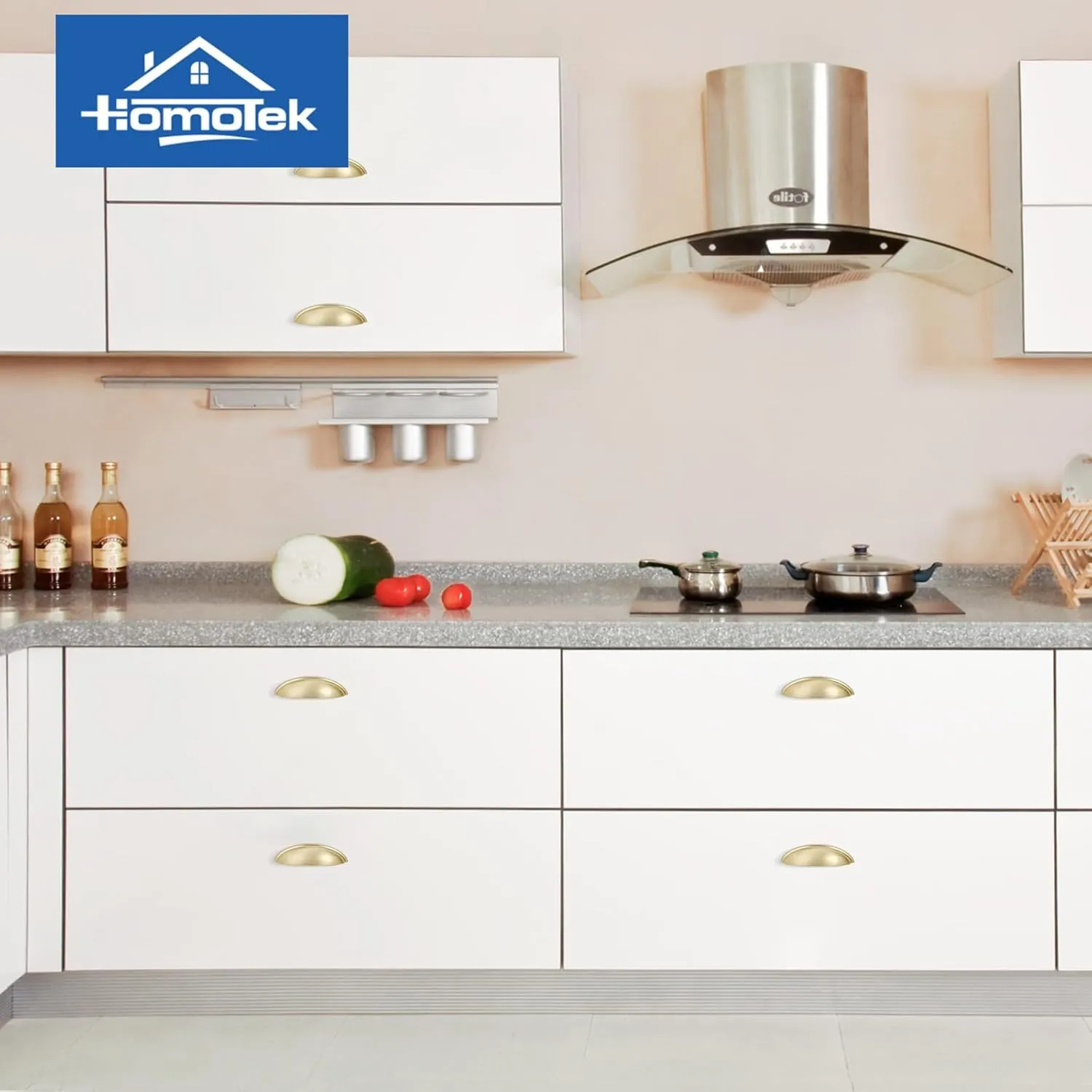 HOMOTEK 15 Pack Drawer Bin Cup Pulls Dresser Pulls for Cabinets Brushed Brass - 3 Inch Hole Centers Furniture Handles,Kitchen Cabinet Hardware