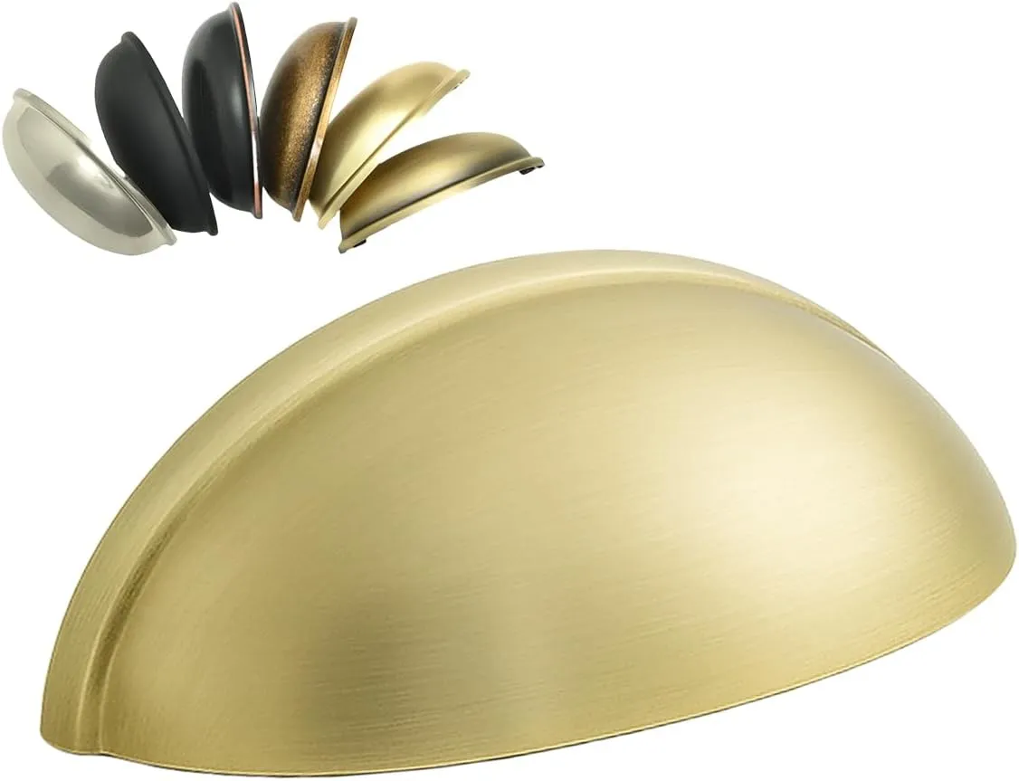 HOMOTEK 15 Pack Drawer Bin Cup Pulls Dresser Pulls for Cabinets Brushed Brass - 3 Inch Hole Centers Furniture Handles,Kitchen Cabinet Hardware