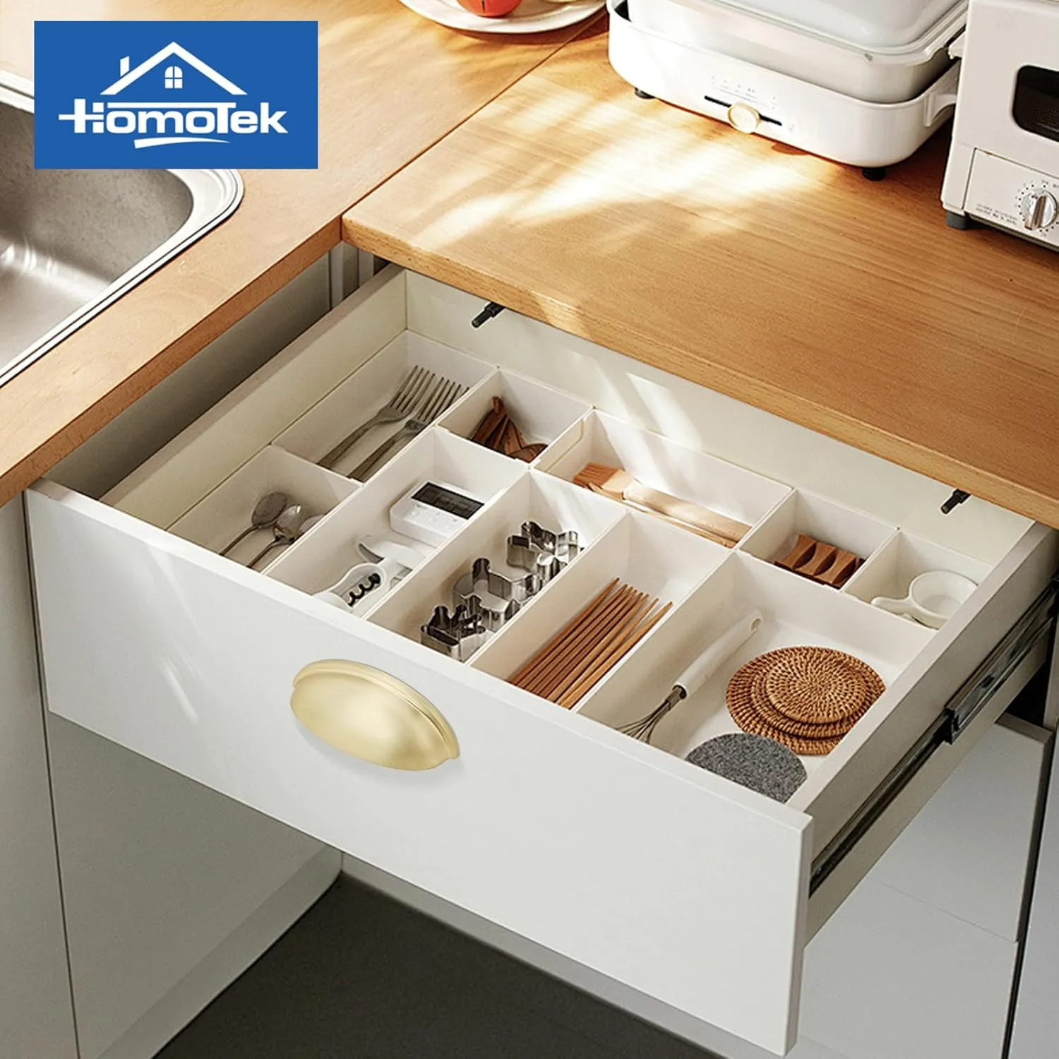 HOMOTEK 15 Pack Drawer Bin Cup Pulls Dresser Pulls for Cabinets Brushed Brass - 3 Inch Hole Centers Furniture Handles,Kitchen Cabinet Hardware