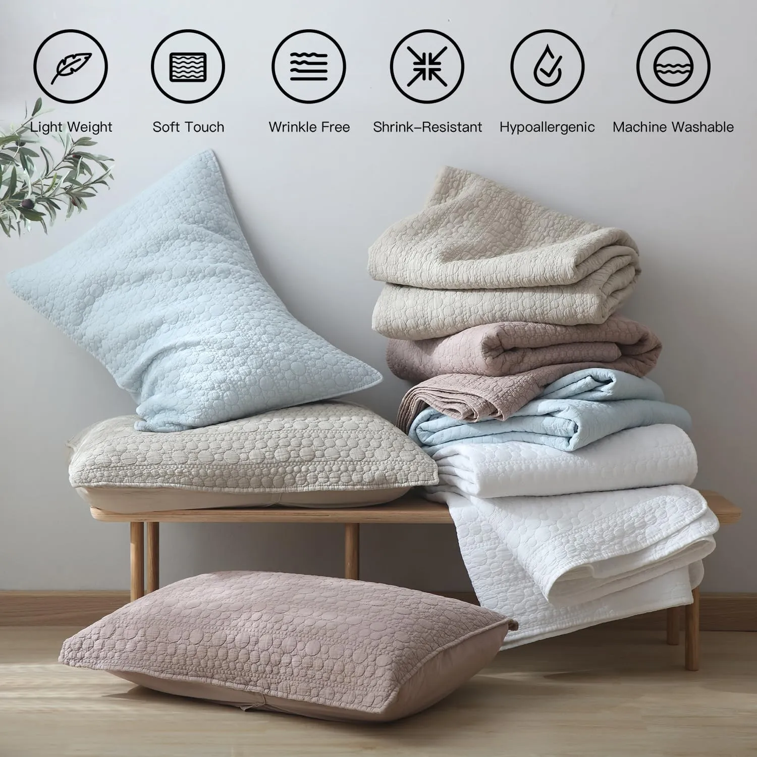 HORIMOTE HOME Quilt Set Queen Size Brich Beige, Classic Geometric Spots Stitched Pattern Stone-Washed Microfiber Chic Rustic Look, Soft Lightweight Quilted Bedding Set for All Season, 3 Pieces