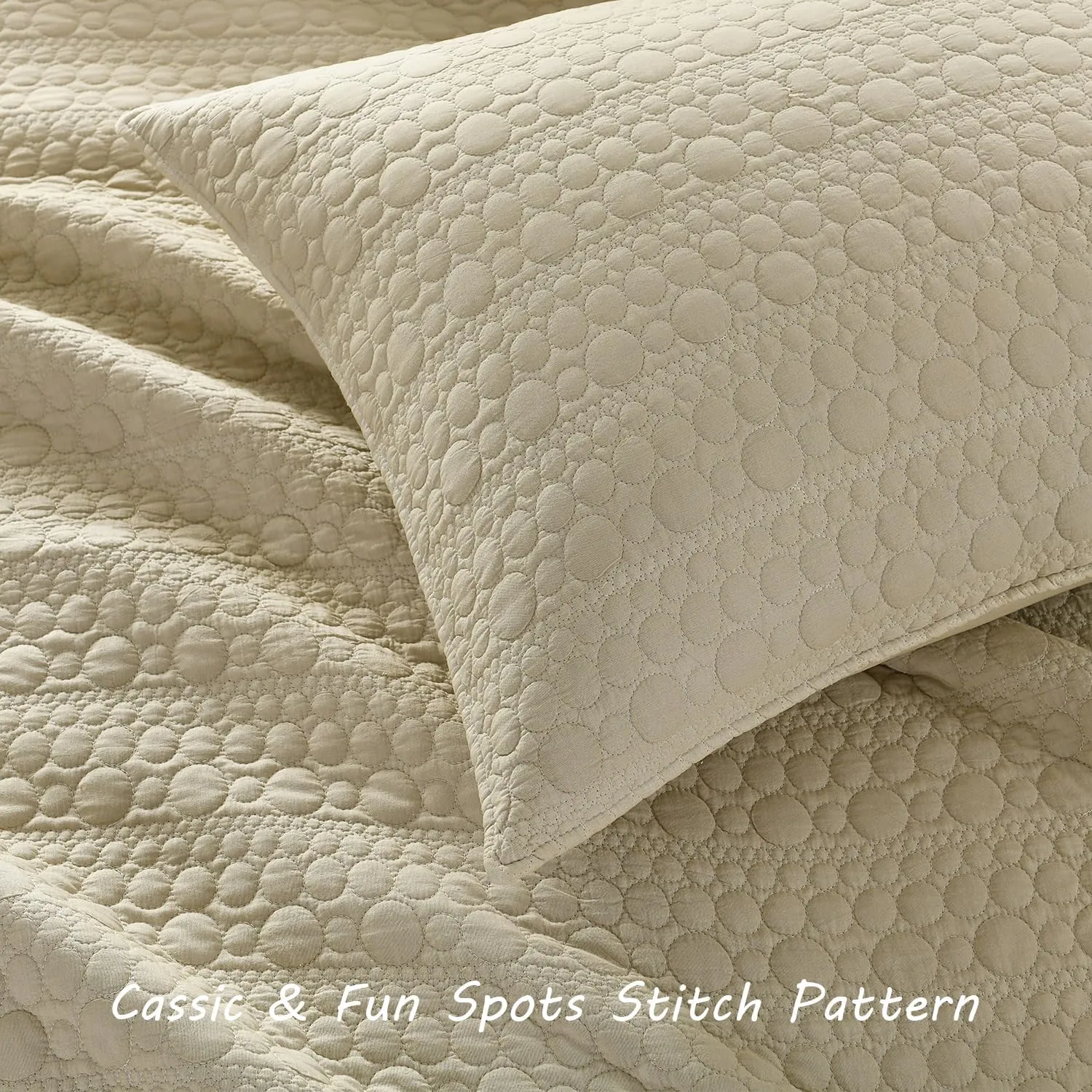 HORIMOTE HOME Quilt Set Queen Size Brich Beige, Classic Geometric Spots Stitched Pattern Stone-Washed Microfiber Chic Rustic Look, Soft Lightweight Quilted Bedding Set for All Season, 3 Pieces