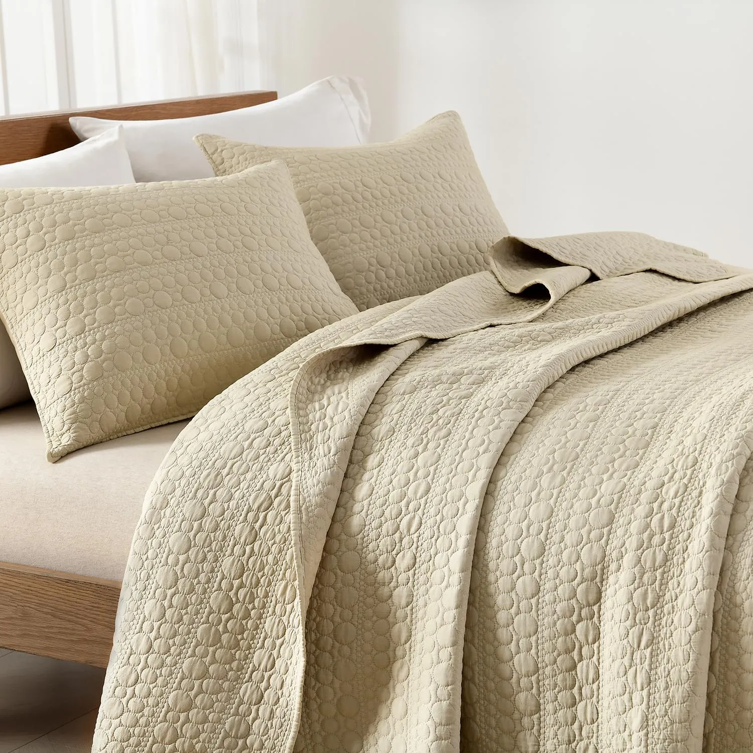 HORIMOTE HOME Quilt Set Queen Size Brich Beige, Classic Geometric Spots Stitched Pattern Stone-Washed Microfiber Chic Rustic Look, Soft Lightweight Quilted Bedding Set for All Season, 3 Pieces