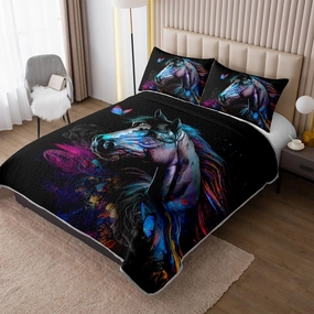 HOSIMA Art Horse Queen Size Bedding Set,Wildlife Colorful Horse Print Black Quilt Aesthetic Room Decor,Multicolor Butterfly Pattern Lightweight Quilt,Animal Bedding with 2 Pillowcases.
