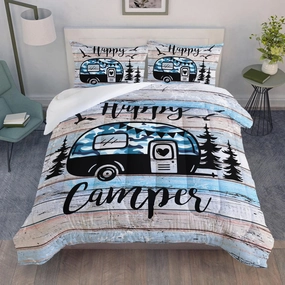 HOSIMA Happy Camping Decor Comforter Set,Camouflage Camper Bedding Queen Size for Kids Teen Girls Boys Room Decor,Camper Accessories for Travel Trailers Themed Bedding with 2 Pillowcases.