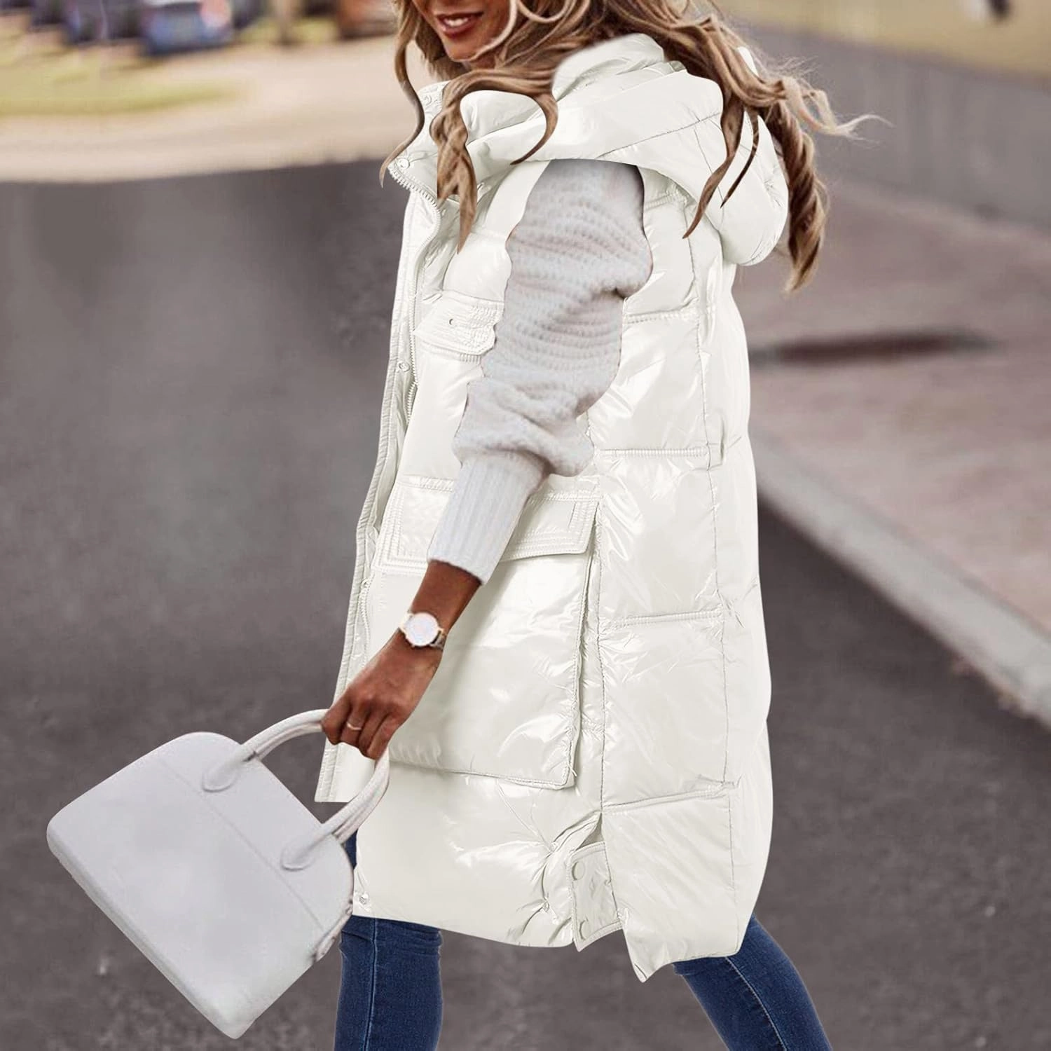 Hot Down Womens Vest Women Quilted Sleeveless Jacket Vest Hooded Thick Long Coat Winter Warm Womens Winter Jacket