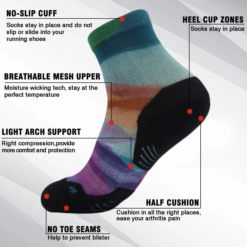 HUSO Mens Womens Quick Dry Striped Print Running Hiking Athletic Quarter Ankle Socks 3, 4, 6 Pairs