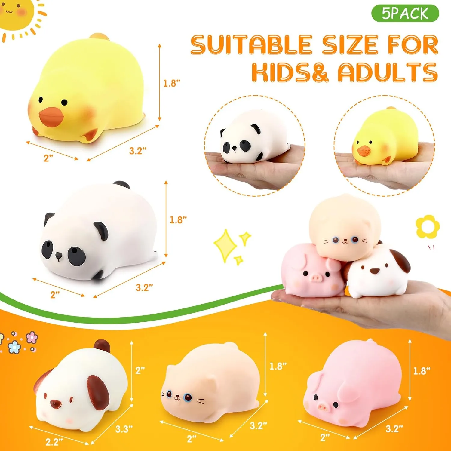 HyDren 5 Pcs Farm Animal Stress Balls Squeeze Ball Stress Relief Toy Bunny Dog Pig Duck Donkey Sensory Toys for Anxiety Relief Improve Focus Relax Children Adults Farm Animal Party Favors