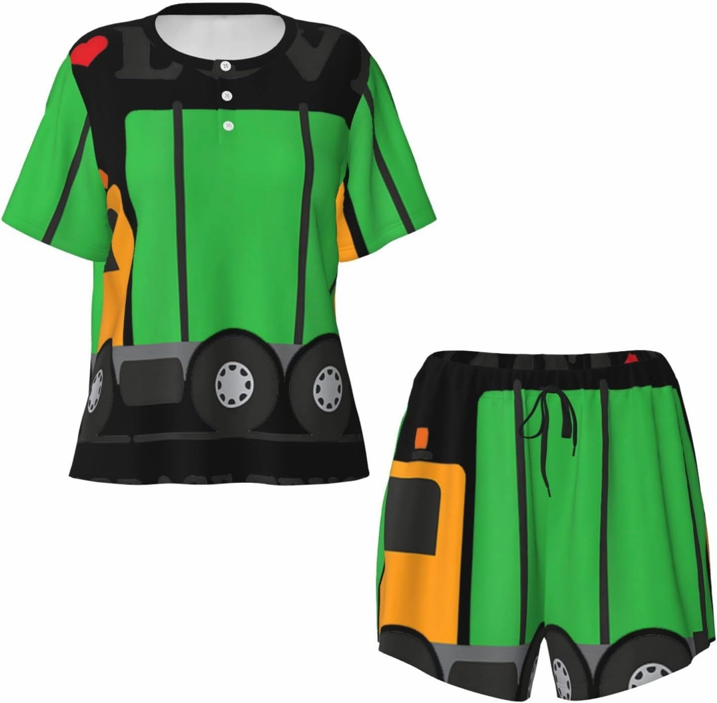 I Love Garbage Trucks Print Women's Shorts Pajama Set Short Sleeve Sleepwear Nightwear Pjs S-4XL