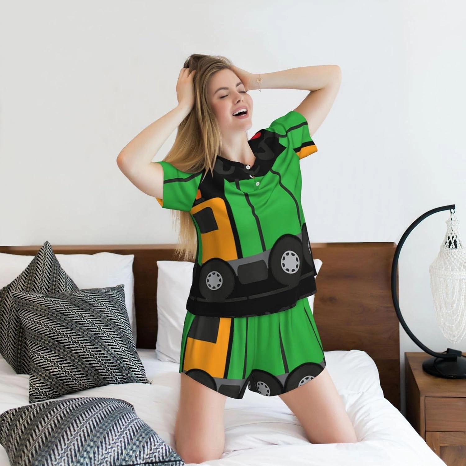 I Love Garbage Trucks Print Women's Shorts Pajama Set Short Sleeve Sleepwear Nightwear Pjs S-4XL