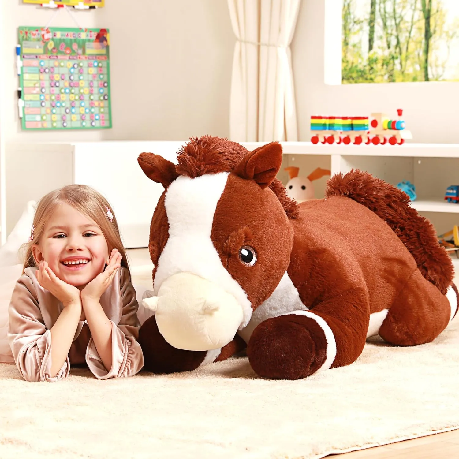 IKASA Giant Horse Stuffed Animal Plush Toy,Large Big Jumbo Soft Toys,33.5" Huge Size Cute Plushy Fluffy Fat Oversized Plushie,Gifts for Kids Girls