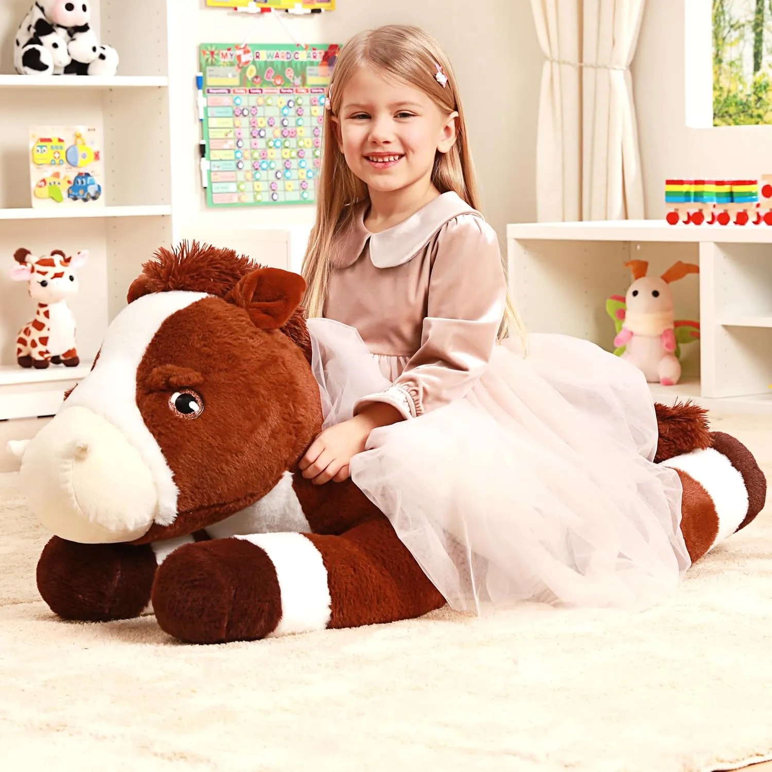 IKASA Giant Horse Stuffed Animal Plush Toy,Large Big Jumbo Soft Toys,33.5" Huge Size Cute Plushy Fluffy Fat Oversized Plushie,Gifts for Kids Girls