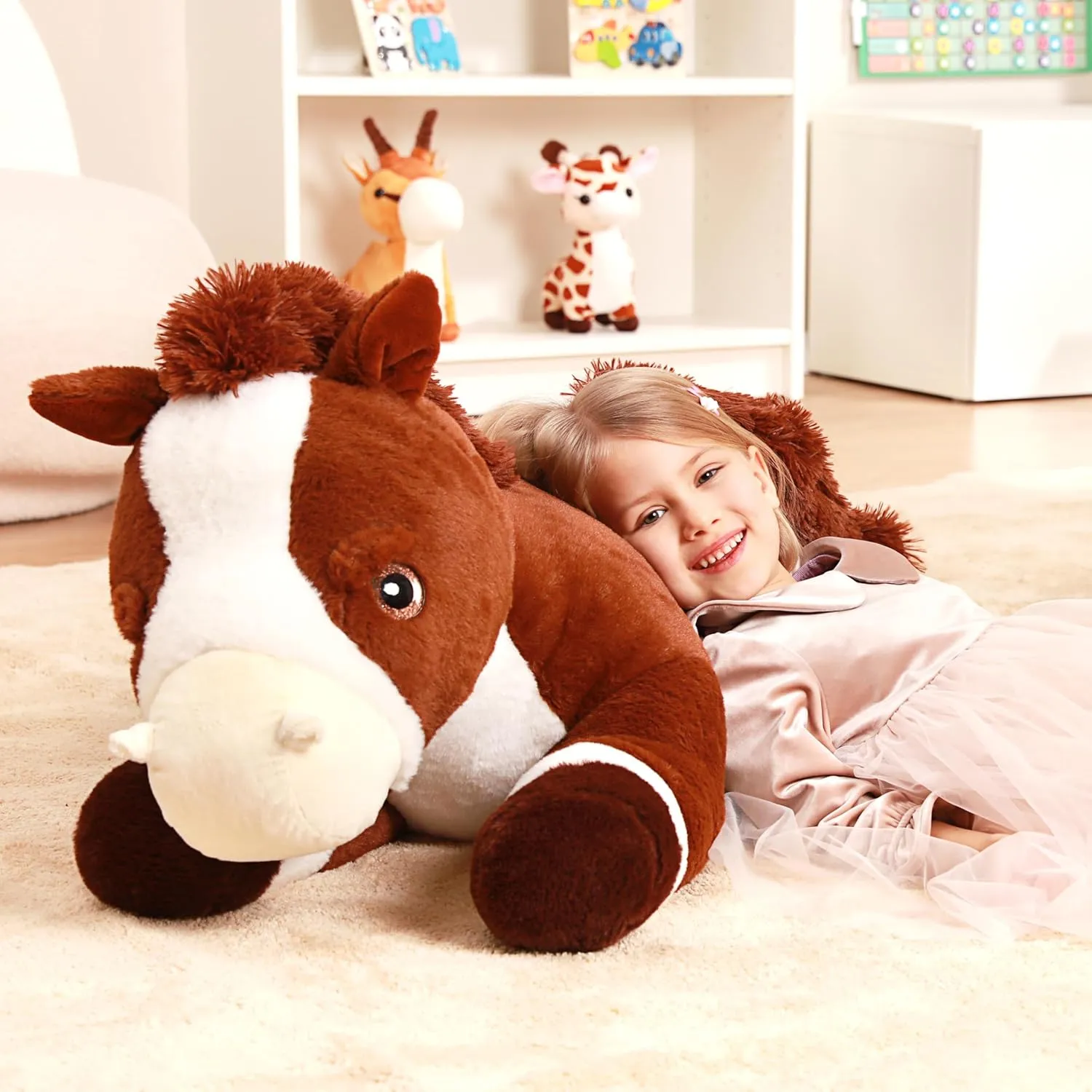IKASA Giant Horse Stuffed Animal Plush Toy,Large Big Jumbo Soft Toys,33.5" Huge Size Cute Plushy Fluffy Fat Oversized Plushie,Gifts for Kids Girls