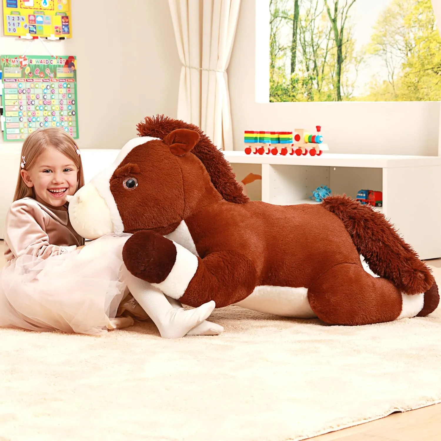 IKASA Giant Horse Stuffed Animal Plush Toy,Large Big Jumbo Soft Toys,33.5" Huge Size Cute Plushy Fluffy Fat Oversized Plushie,Gifts for Kids Girls