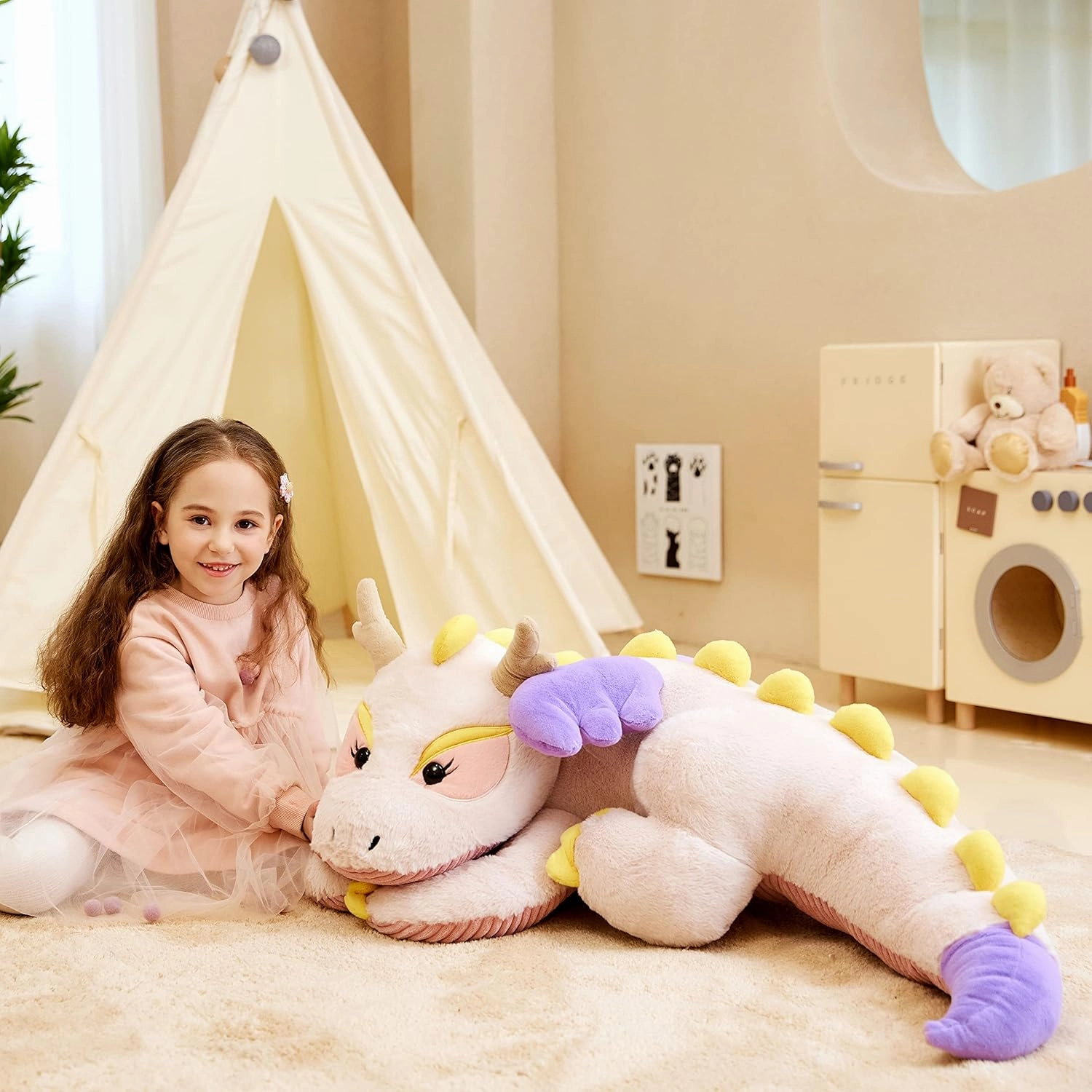 IKASA Giant Dragon Stuffed Animal Plush Toy,Large Dinosaur Big Jumbo Soft Toys,Huge Size Cute Plushy Fluffy Fat Oversized Plushie,Gifts for Kids Girls Boys Girlfriend (White, 30 Inches)