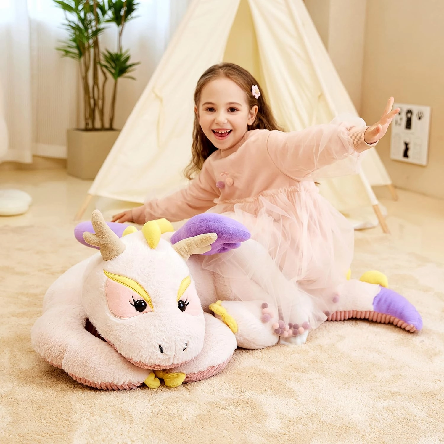 IKASA Giant Dragon Stuffed Animal Plush Toy,Large Dinosaur Big Jumbo Soft Toys,Huge Size Cute Plushy Fluffy Fat Oversized Plushie,Gifts for Kids Girls Boys Girlfriend (White, 30 Inches)