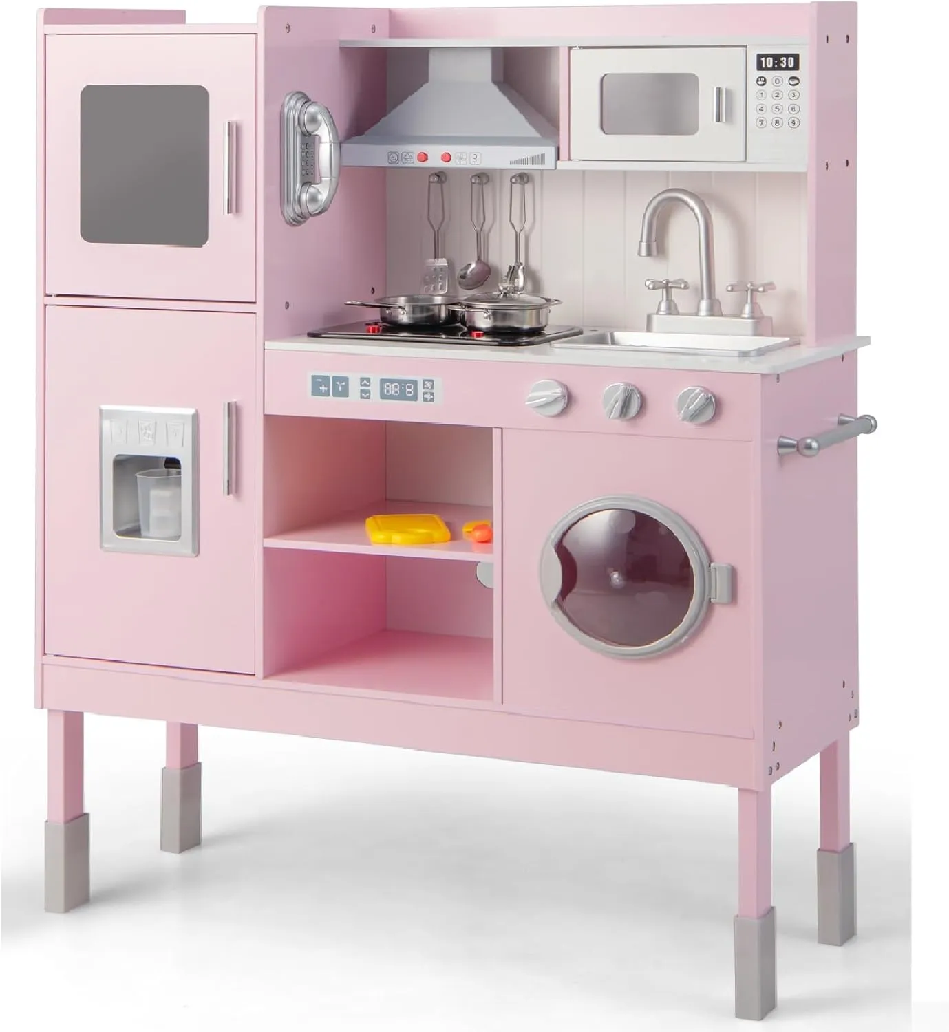 INFANS Kid Kitchen Playset, Toddler Wooden Pretend Cooking Set with Realistic Light & Sound, Stove, Sink, Microwave, Storage Cabinet, Play Kitchen Toy Set for Children Boys Girls